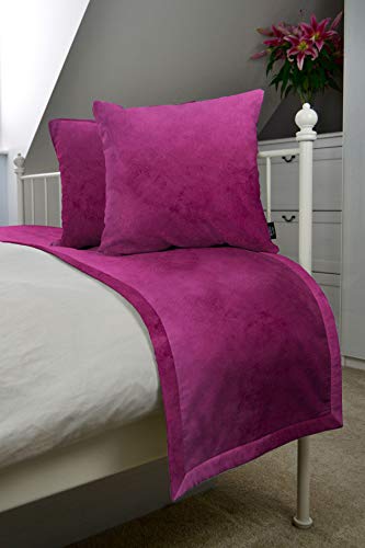 McAlister Textiles Matter Samt Bettwäscheset | Luxus Weiches Gefühl in Fuchsia Pink | Deko Bettläufer + 2 Kissenhüllen für Bett, Sofa, Couch von McAlister Textiles