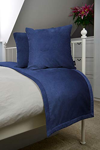 McAlister Textiles Matter Samt Bettwäscheset | Luxus Weiches Gefühl in Marineblau | Deko Bettläufer + 2 Kissenhüllen für Bett, Sofa, Couch von McAlister Textiles