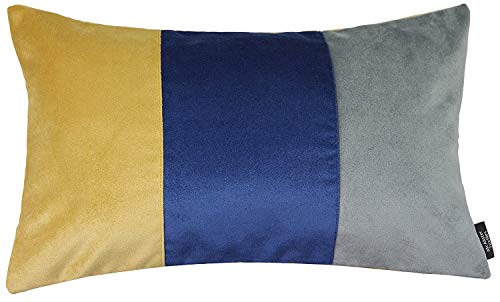 McAlister Textiles Matter Samt | Kissenbezug für Sofakissen dreifarbiges Patchwork in Ocker Gelb & Grau & Marine Blau | 50 x 30cm | griffester weicher Samt | Deko Kissenhülle für Couch, Sofa von McAlister Textiles