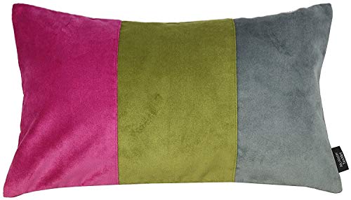 McAlister Textiles Matter Samt | Sofakissen mit Füllung dreifarbiges Patchwork in Fuchsia Pink & Lindgrün & Grau | 60 x 40cm | griffester weicher Samt | gefülltes Deko Kissen für Couch, Sofa von McAlister Textiles