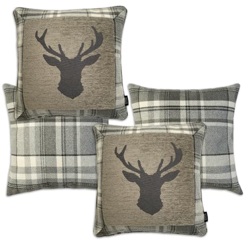 McAlister Textiles Stag | 4er Set Kissenbezüge Hirsch-Motiv Tartan kariert | 43x43cm in Anthrazit Grau | 2 x Hirschmotiv und 2 x Tartanmuster von McAlister Textiles