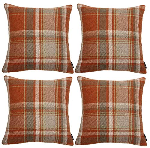 McAlister Textlies Heritage | 4er Pack Kissenbezüge im Karierten Tartan Muster | 43 x 43 cm in Terracotta Orange | Deko-Kissenbezüge im zeitlosen Karomuster von McAlister Textiles