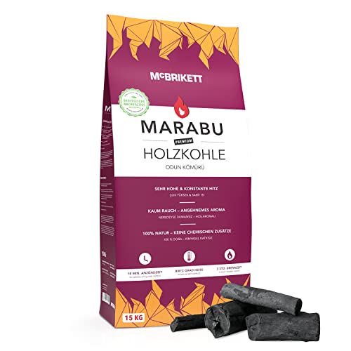 MARABU Holzkohle für Kamado-Grills, 15kg, Brenndauer +3 Stunden, Top Aroma, Rauchfrei, Größe 40-200mm von McBrikett