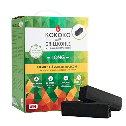 McBrikett KOKOKO LONG Premium Grillkohle, 8 kg Bio Kokos Grillbriketts von McBrikett