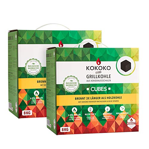 Set: 2 x 8 kg KOKOKO Cubes Premium Grillkohle, Bio Kokos Grillbriketts in Würfelform von McBrikett