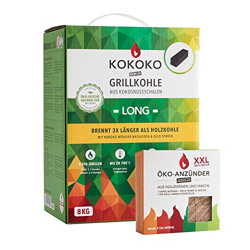 Set: 8 kg KOKOKO LONG Bio Kokos Grillbriketts in Stangenform & ÖKO-ANZÜNDWÜRFEL von McBrikett