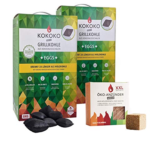 Set: KOKOKO EGGS Bio Kokos Grillbriketts in Eierform 16 kg & ÖKO-ANZÜNDWÜRFEL von McBrikett