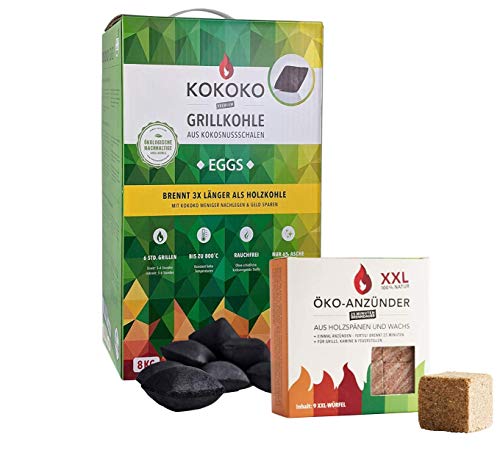 Set: KOKOKO EGGS Bio Kokos Grillbriketts in Eierform 8 kg & ÖKO-ANZÜNDWÜRFEL von McBrikett