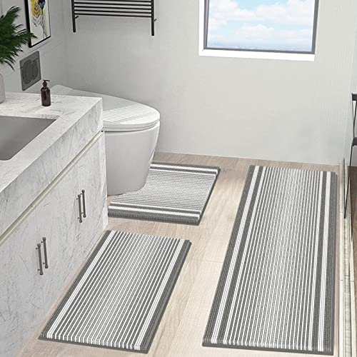 McEu Badematten Set 3 Teilig, rutschfest waschbar Badteppich 120x51cm+66x44cm und U-förmige Kontur WC Teppich 51x51cm, Mikrofaser Chenille Saugfähig Badvorleger für Badezimmer, Dunkelgrau von McEu