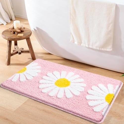 McEu Badezimmerteppich rutschfest Waschbar 45 x 65 cm, Badteppich Absorbierende Badematte Schnelltrocknend, Badvorleger Weiche Mikrofaser mit Gänseblümchenmuster, Rosa von McEu