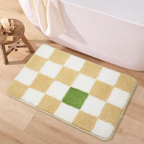 McEu Badezimmerteppich rutschfest Waschbar 50 x 80 cm, Badteppich Absorbierende Badematte Schnelltrocknend, Badvorleger Weiche Mikrofaser mit Quadrat, Gelb von McEu