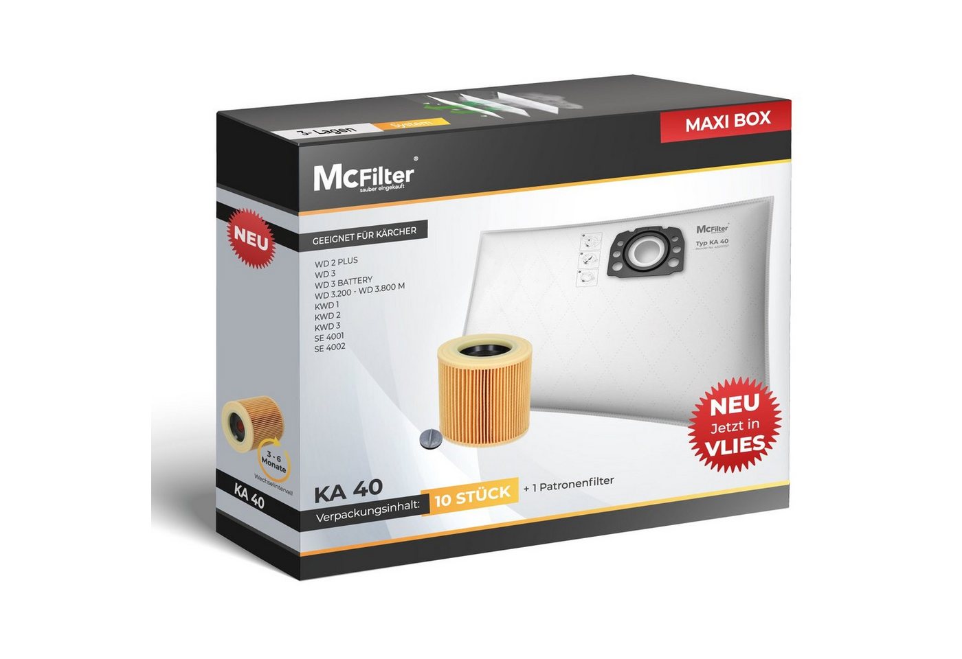 McFilter Staubsaugerbeutel geeignet für Kärcher + Patronenfilter, passend für KFI 357, WD 2 Plus, WD 3 Serie, KWD 1-3, SE 4001, SE 4002, 11 St., wie 2.863-314.0, für Nass-/Trockensauger von McFilter