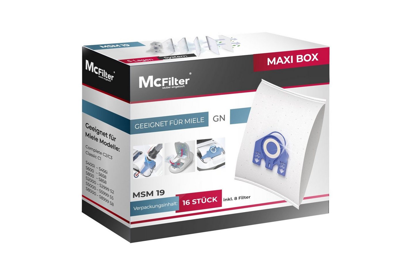 McFilter Staubsaugerbeutel >MAXI BOX< (16+8), passend für Miele Classic C1 Ecoline Serie Staubsauger, inkl. 8 Filter, 16 St., Top Alternative zu 9917730, wie Miele 10408410 von McFilter