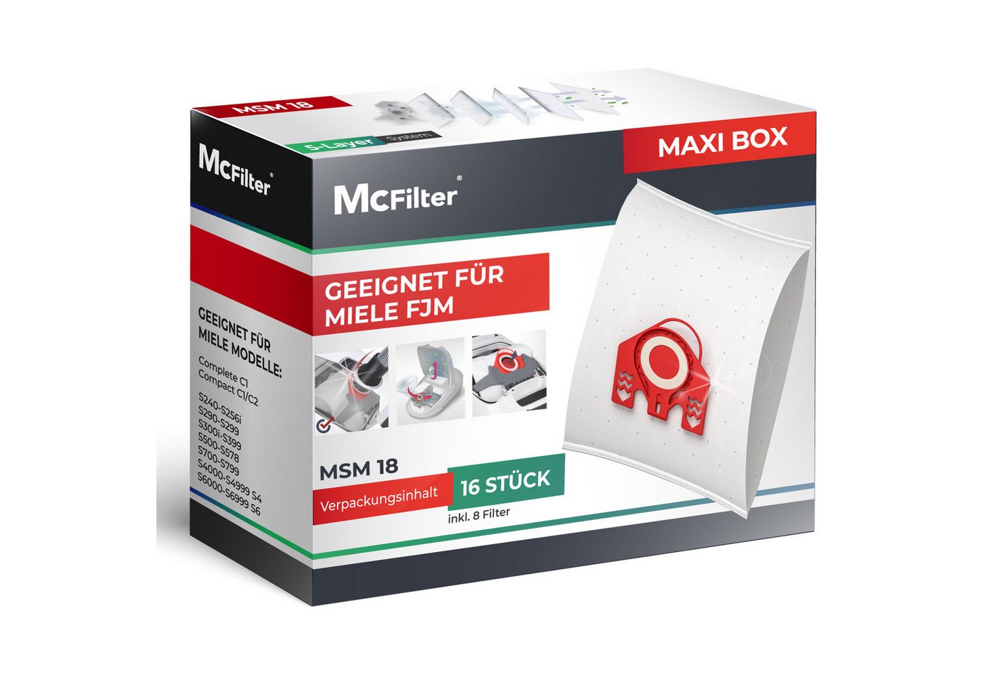 McFilter Staubsaugerbeutel MAXI BOX 16+8, passend für Miele FJM Serie, S2 S3 S4 S5 S6 S7, Complete C1, Compact C1/C2, inkl. 8 Filter, 16 St., Top Miele Alternative zu 9917710, wie 10408420 von McFilter