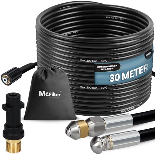 McFilter | Universal Rohrreinigungsschlauch Set, 30m, 200 bar, inkl. Tasche mit Adapter, Düsen starr + rotierend, kompatibel mit Kärcher K2 K3 K4 K5 K6 K7 Hochdruckreiniger von McFilter