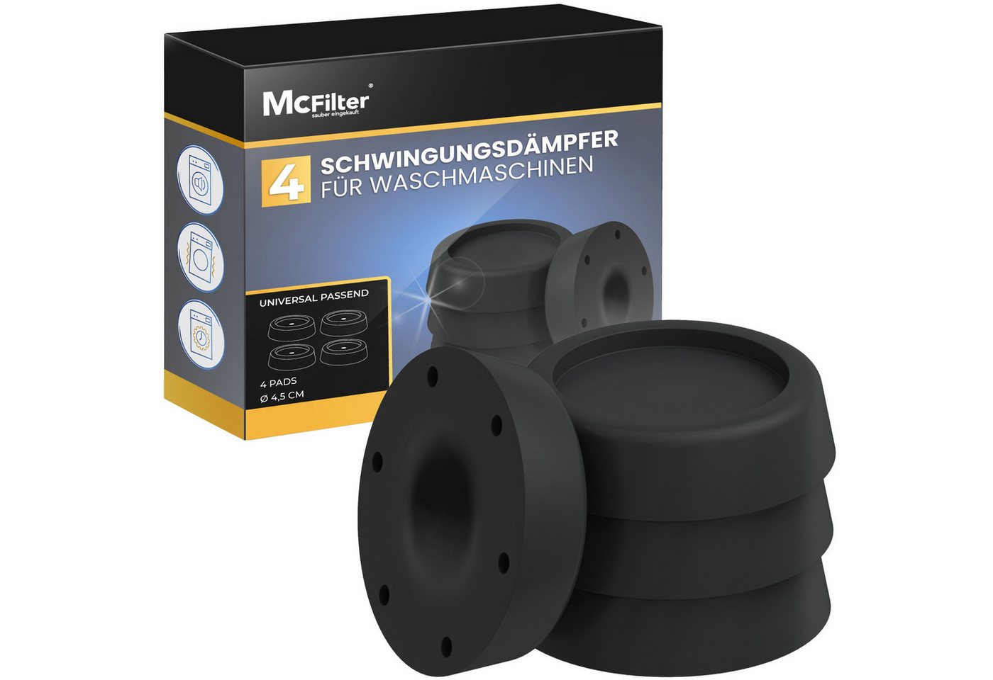 McFilter Vibrationsdämpfer 4 Schwingungsdämpfer für Waschmaschinen und Trockner, (Universal Vibrationsdämpfer kompatibel mit Bosch, Siemens, AEG, 4-St), Rutschfeste Gummipads, Gummifüße, Waschmaschinenunterlage - schwarz von McFilter