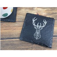 Hirsch Muster Laser Gravierte Schiefer Untersetzer - Geschenk Geschirr Tierliebhaber Tiere Schwarzer Stein von McHenrysPlace