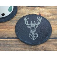 Hirsch Muster Laser Gravierte Schiefer Untersetzer - Geschenk Geschirr Tierliebhaber Tiere Schwarzer Stein von McHenrysPlace