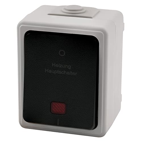 MC POWER - Feuchtraum Heizungs-Hauptschalter Aufputz I TAFF I 250V~/10A, IP44, AP, grauer Rahmen schwarzer Taster rotes Kontrolllicht von McPower