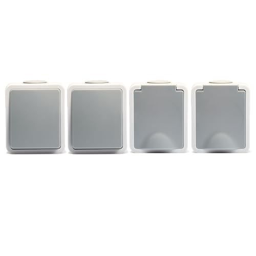 MC POWER Feuchtraum Schalter Steckdosen Set | 2x Wechselschalter + 2x Einzelsteckdose | Fix Easy | IP54 Steckdose Lichtschalter mit Steckanschluss grau von McPower