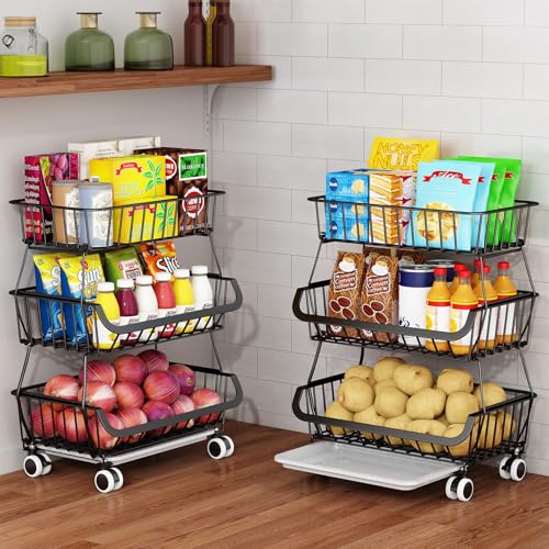Rollbarer 3-etagiger Vorrats-Organizer,stapelbarer Wagen mit Rädern aus Metallgitter,Drahtkörbe für die Vorratskammer, Küchen-Obstkorb-Ständer, Gemüselagerregal für Obst, Snacks, Zwiebeln, Kartoffeln Rollbarer 3-etagiger Vorrats-Organizer,stapelbarer Wagen mit Rädern aus Metallgitter,Drahtkörbe für die Vorratskammer, Küchen-Obstkorb-Ständer, Gemüselagerregal für Obst, Snacks, Zwiebeln, Kartoffeln von Mchoter