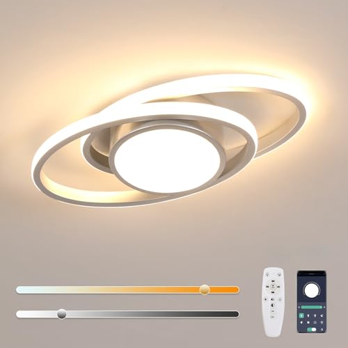 Mckalen Deckenleuchte LED Dimmbar, Deckenlampe Modern 39W 4387LM mit Fernbedienung/APP, Silber Deckenbeleuchtung Wohnzimmer Oval 3000K-6500K für Schlafzimmer Esszimmer, 38.5CM von Mckalen