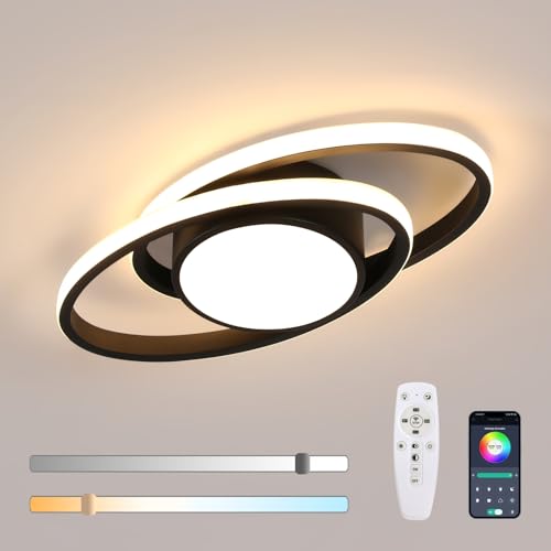 Mckalen Deckenleuchte LED Dimmbar 39W 4387LM, Moderne LED Deckenlampe Schwarz mit Fernbedienung, Rund Deckenbeleuchtung Wohnzimmer 3000K-6500K für Schlafzimmer Küche Badezimmer, 38.5CM von Mckalen