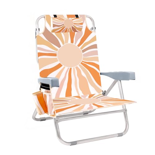 Strandstuhl für Erwachsene: 5-stufig verstellbar bis flach faltbar - Mit Kühltasche, Getränkehalter & Tragetasche. Tragbarer Campingstuhl für Strand, Camping, outdoor, Festivals -Boho，Tragkraft 140 kg von Mduo