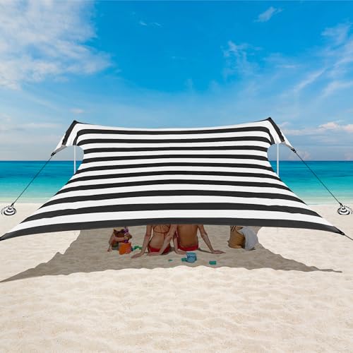 Strandzelt Sonnenschutz Strandmuschel mit UV-Schutz UPF 50+ -3x3m Tragbar für Strand, Outdoor, Camping & Garten-Inkl. Sandsäcke, Stangen, Heringe & Windseile-Für Picknick, Angeln-Schwarz Streifen von Mduo