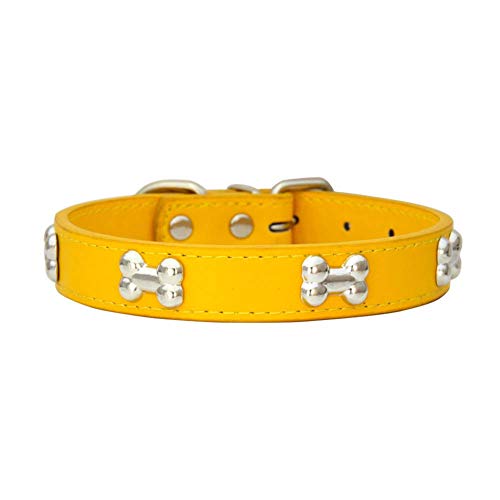 Mdurian Echtes Leder Metallknochen besetztes Hundehalsband Sicheres und bequemes verstellbares Halsband für kleine mittelgroße Hunde (S, Gelb) von Mdurian