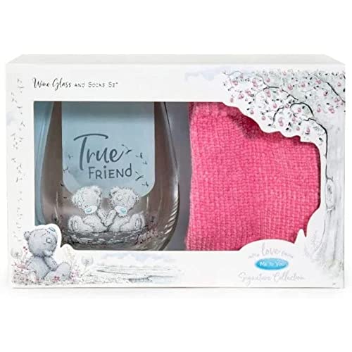 Me To You Tatty Teddy True Friend Geschenkset aus Glas und Socken, offizielle Kollektion, blau, grau, rosa, 2-teiliges Set von Me to You