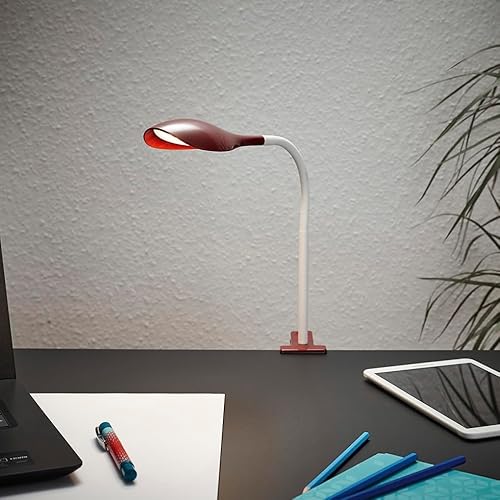 LED Klemmleuchte T161-1 in Rubinrot mit Flexiblem Kopf & Weißem Flexarm, Energiesparend & Vielseitig, 350 Lumen, Warmweiß von MeLiTec