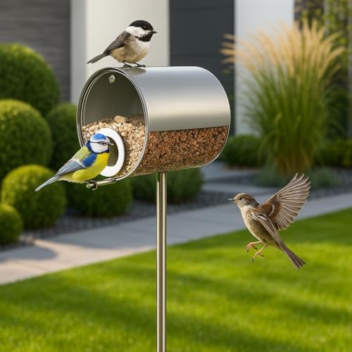 MeLiTec Vogelhaus aus Edelstahl, Vogelfutter-Station, Silber, Edelstahl matt, Höhe 150 cm, Größe 14 x 14 cm, Stehend, Vogelhäuschen aus Metall für Ihren Garten von MeLiTec