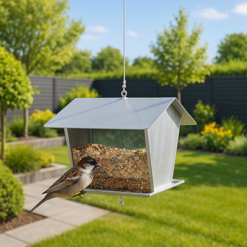 MeLiTec Edelstahl Vogelfutterhaus - Hängend, Wetterfestes Vogelhaus mit Modernem Design für Garten oder Balkon von MeLiTec