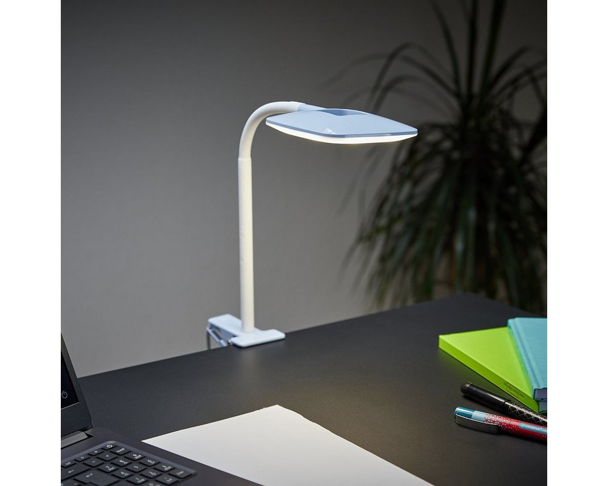 MeLiTec LED Schreibtischlampe LED mit Klemmfuß T160-2 hellblau, LED fest integriert, warmweiß, mit Flexarm, Schnurzwischenschalter, modernes Design von MeLiTec