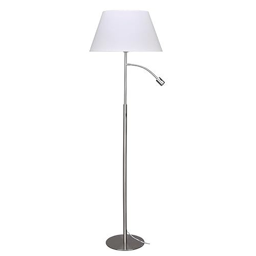 MeLiTec LED Stehleuchte T-Lounge ST53 in Nickel-Matt mit Weißem Stoffschirm – Inklusive Filament Leuchtmittel und Separat Schaltbarem Leselicht von MeLiTec
