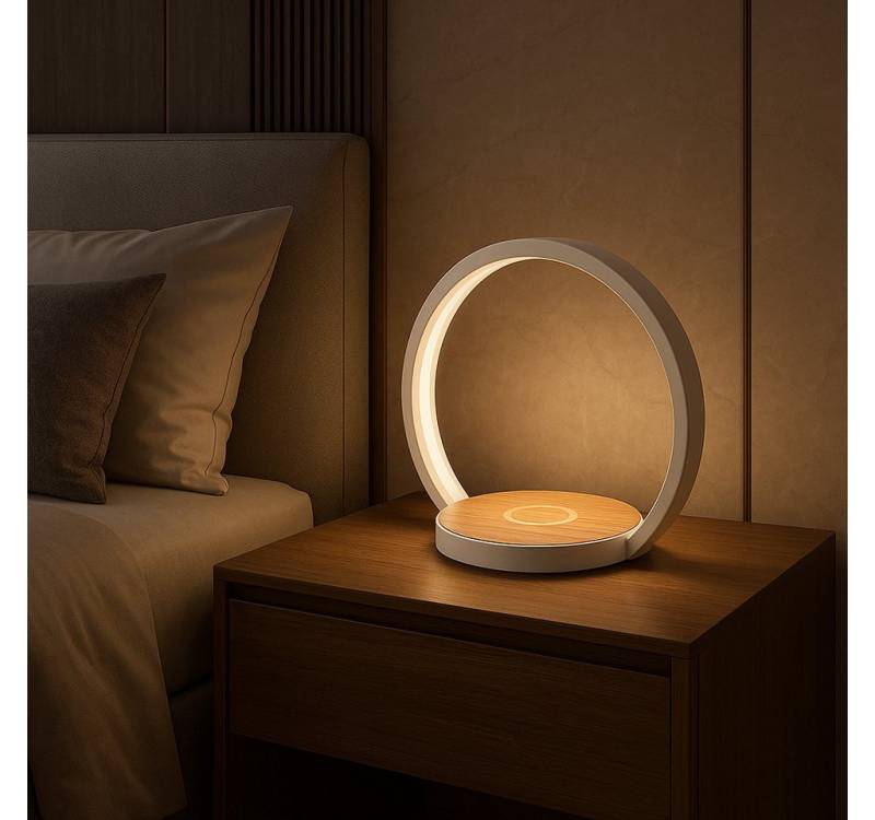 MeLiTec LED Tischleuchte LightBase QI, warmweiß, induktives Laden, Nachttischlampe modern, warmweiß, Ring, weiß/Holz von MeLiTec