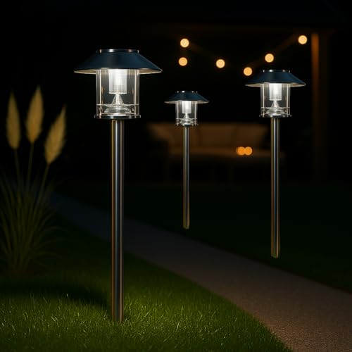 MeLiTec Solar-Gartenlampe 3er-Set, Outdoor-Solarleuchte für Garten Balkon und Terrasse, Außenbeleuchtung, Solar-Wegebeleuchtung, bis zu 8 Stunden Leuchtdauer, aus Edelstahl, SO26 von MeLiTec