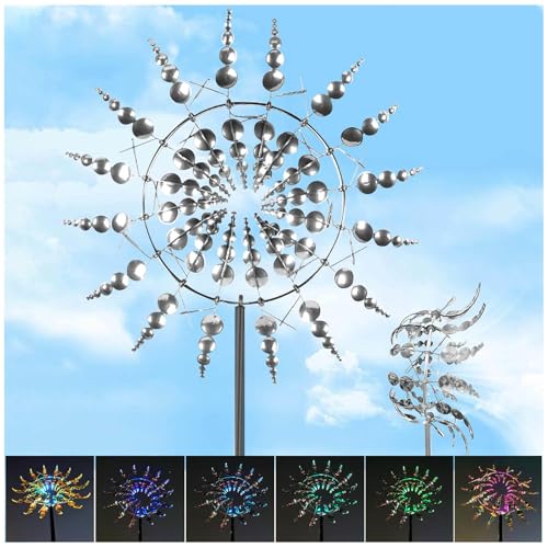 Solarlampen Metall Windrad Garten, mit LED-Licht Windrad Edelstahl, 3D Metall-Windmühle Magische WindmüHle für Terrasse Und Garten,Silver von MeLtor