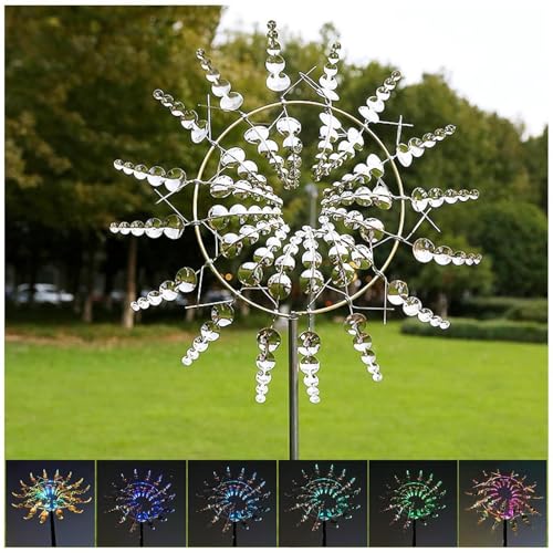 Solarlampen Windmühle Metall Garten, LED-Beleuchtung Edelstahl Windrad, 3D Metall Windmühle WindmüHle Garten XXL für Terrasse Und Garten,Silver von MeLtor