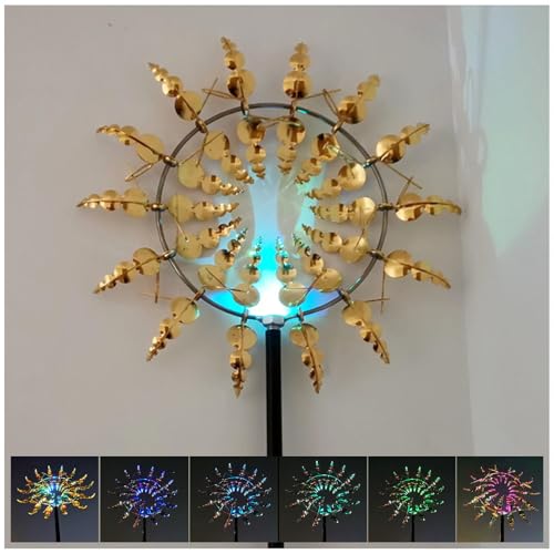 Solarlampen Windrad Metall Garten, LED-Beleuchtung WindräDer Garten, 360° Dual Rotors Windrad Garten Metall XXL Wetterfestes Gartendeko,Gold von MeLtor