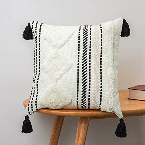 1 Stück Boho Kissenbezug 45x45cm, Makramee Kissenbezüge Kissenhülle Dekokissen mit Quasten, Dekorative Kissen Boho Style Sofakissen für Sofa Schlafzimmer Wohnzimmer Schwarz Beige von MeMoreCool