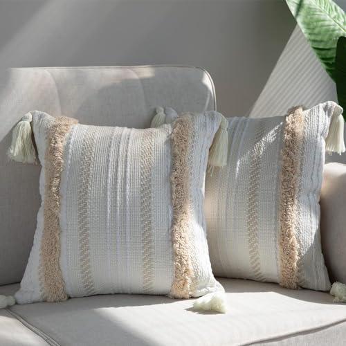 2er Set Boho Kissenbezug, Dekorative Kissenbezüge mit Quaste Baumwolle Leinen Kissenhülle Dekokissen Sofakissen für Sofa Schlafzimmer Wohnzimmer Auto, Weich Kopfkissenbezug 45x45cm von MeMoreCool