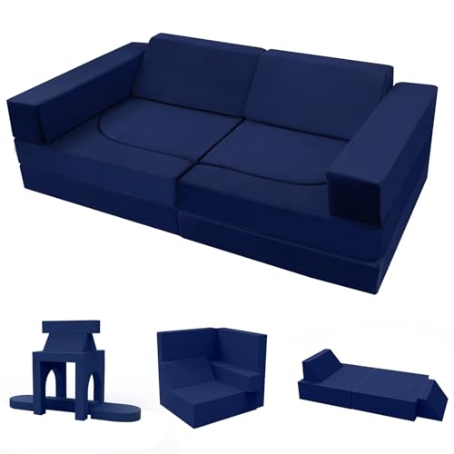 MeMoreCool 10-teiliges Kinder-Spielsofa, modularer Kleinkind-Sessel, Couch für Spielzimmer, ausklappbare Schaumstoff-Couch für Mädchen und Jungen, wandelbare Sektionalcouch-Spielset, Marineblau von MeMoreCool