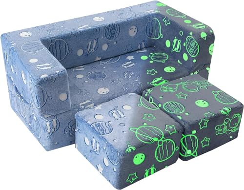 MeMoreCool Kinder-Sofa, Bett, Kleinkindcouch, leuchtet im Dunkeln, ausklappbar, Babycouch, Kinderschlafzimmermöbel, modulare Mini-Couch für Spielzimmer, blauer Astronaut von MeMoreCool