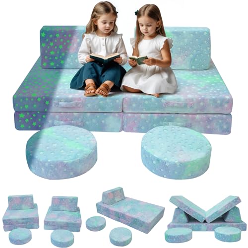 MeMoreCool Kids Couch Glow Sofa Modular Kleinkind Couch für Spielzimmer, 8-teiliges ausklappbares Babycouch-Spielset, Kinder umwandelbares Sofa, Schaumstoffcouch von MeMoreCool