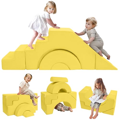 MeMoreCool Kindersofa Spielsofa, Modulares Schaumstoff Bausteine, Baby-Schlafsofa zum Klettern und Krabbeln, Softbausteine für Kinderzimmer oder Spielzimmer, Mini Sofa mit Rutsche und Treppe, Gelb von MeMoreCool