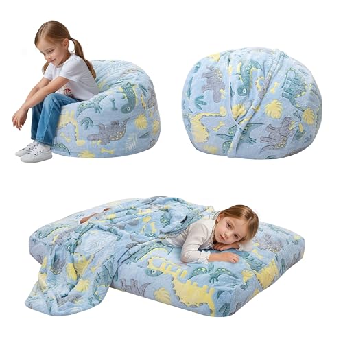 MeMoreCool Sitzsack für Kinder Flauschig mit Füllung, Kinder Sessel Sitzsackbett, umwandelbarer Sitzstuhl in Bodenmatratze, Sitzsäcke fürs Kuschelecke Kinderzimmer für Mädchen und Jungen, Blauer Dino von MeMoreCool