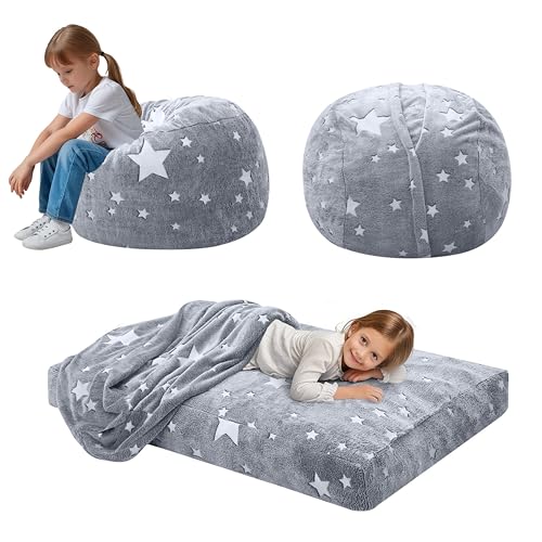 MeMoreCool Sitzsack für Kinder Flauschig mit Füllung, Kinder Sessel Sitzsackbett, umwandelbarer Sitzstuhl in Bodenmatratze, Sitzsäcke fürs Kuschelecke Kinderzimmer für Mädchen und Jungen, Grauer Stern von MeMoreCool