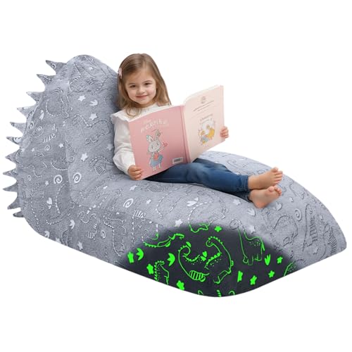 MeMoreCool Sitzsäcke für Kinder von 8–12 Jahren, großer Sitzsack mit Füllung, großes Kleinkinder-Sitzsackbett mit Einhorn, Faule Bodenliege für Kinder für Mädchen und Jungen, Grauer Dinosaurier von MeMoreCool